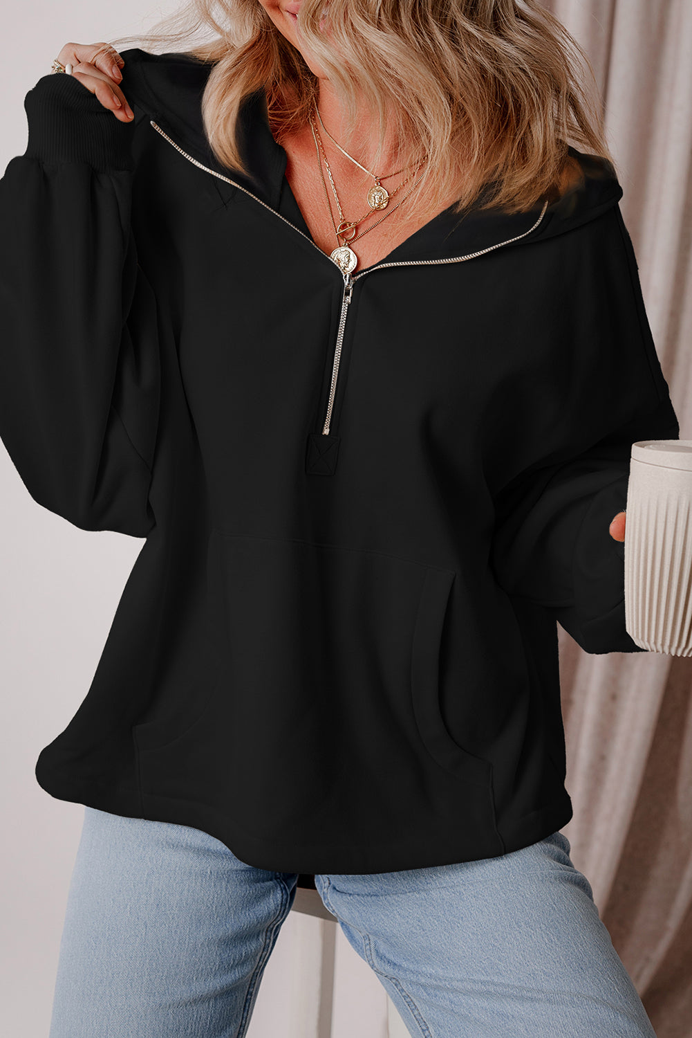 Black Half Zipper Kangaroo Pocket Drop Shoulder Hoodie