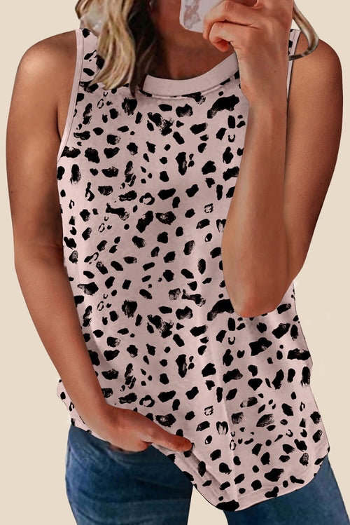Apricot Allover Leopard Print Round Neck Tank Top - The Fair Lady Shop