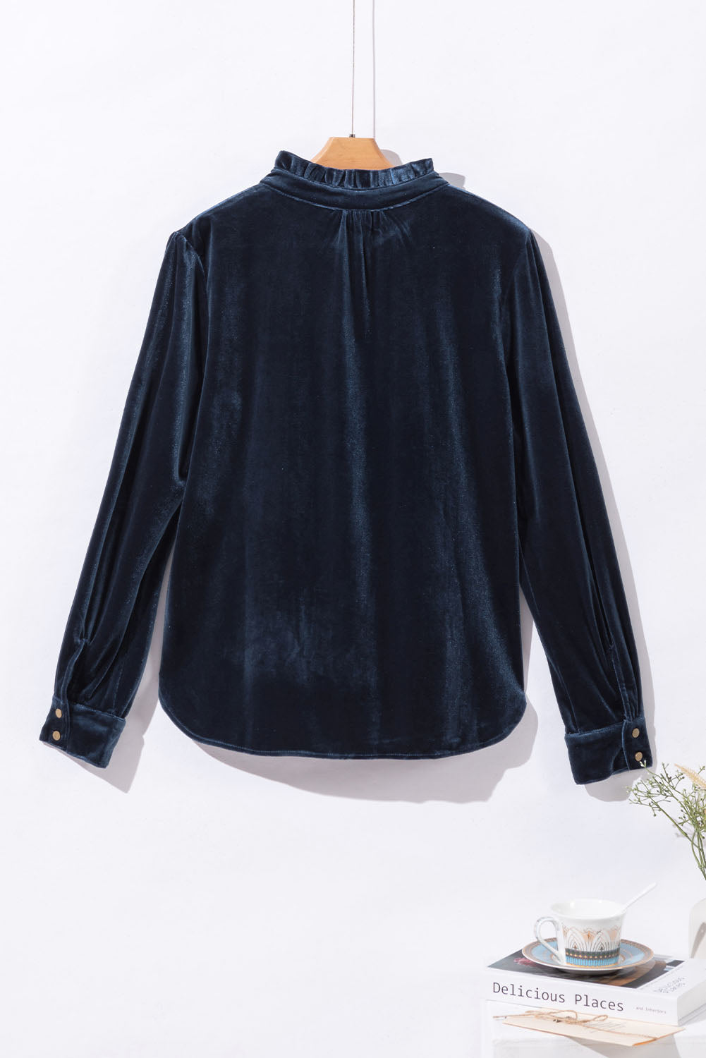 Navy Blue Frilled Buttoned V Neck Velvet Blouse - The Fair Lady Shop