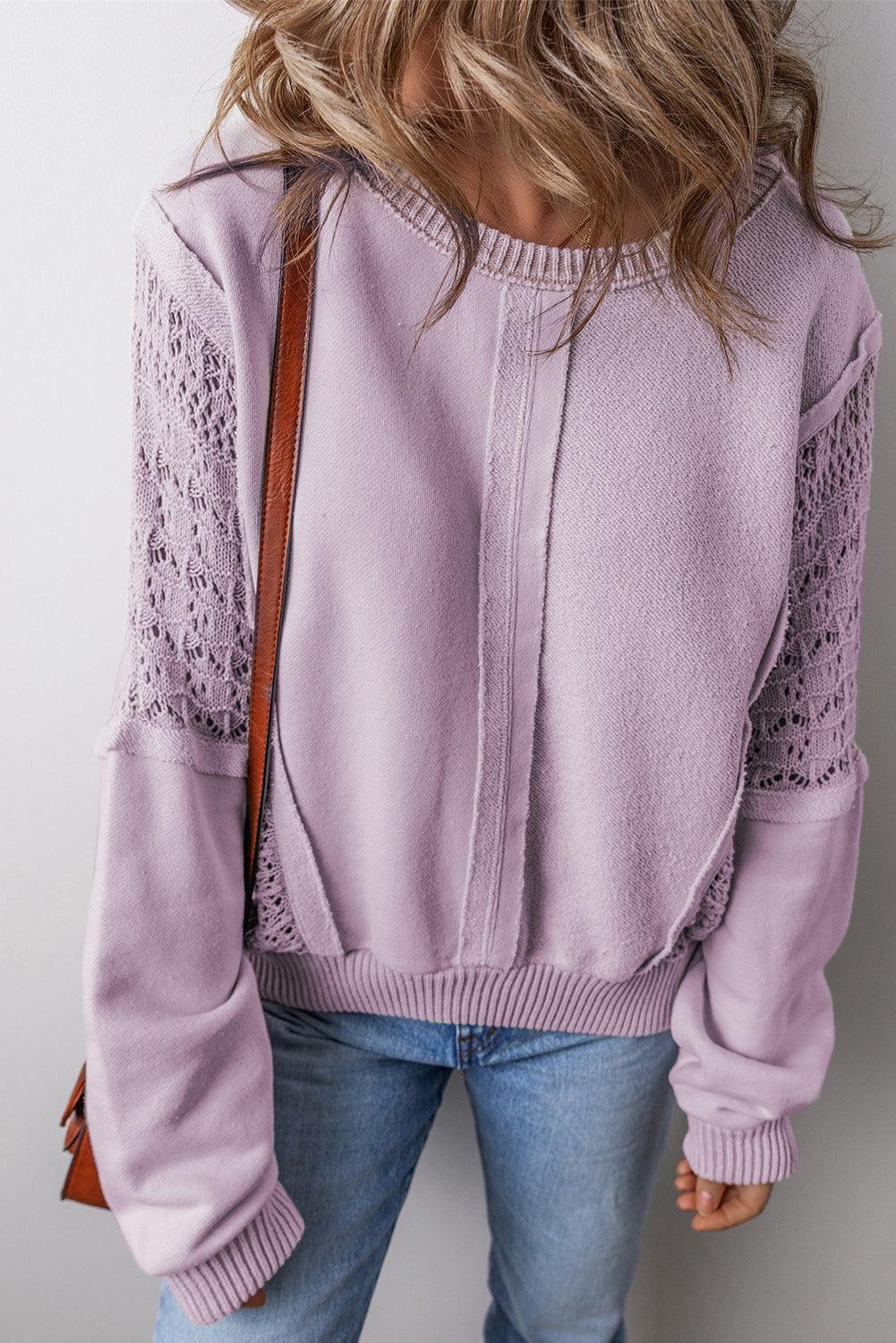 Orchid Petal Crochet Patchwork Exposed Seam Ribbed Trim Sweatshirt - The Fair Lady Shop