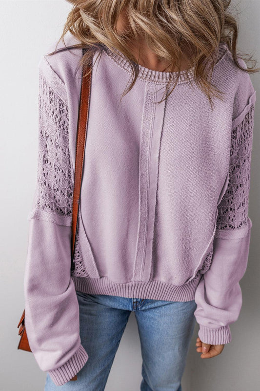 Orchid Petal Crochet Patchwork Exposed Seam Ribbed Trim Sweatshirt - The Fair Lady Shop