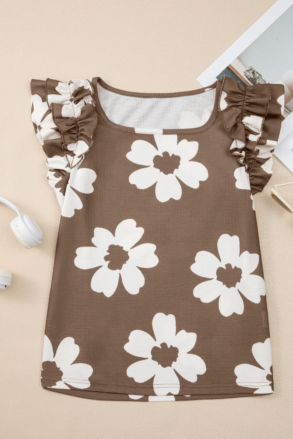 Brown Floral Ruffle Shoulder Square Neck Blouse - The Fair Lady Shop