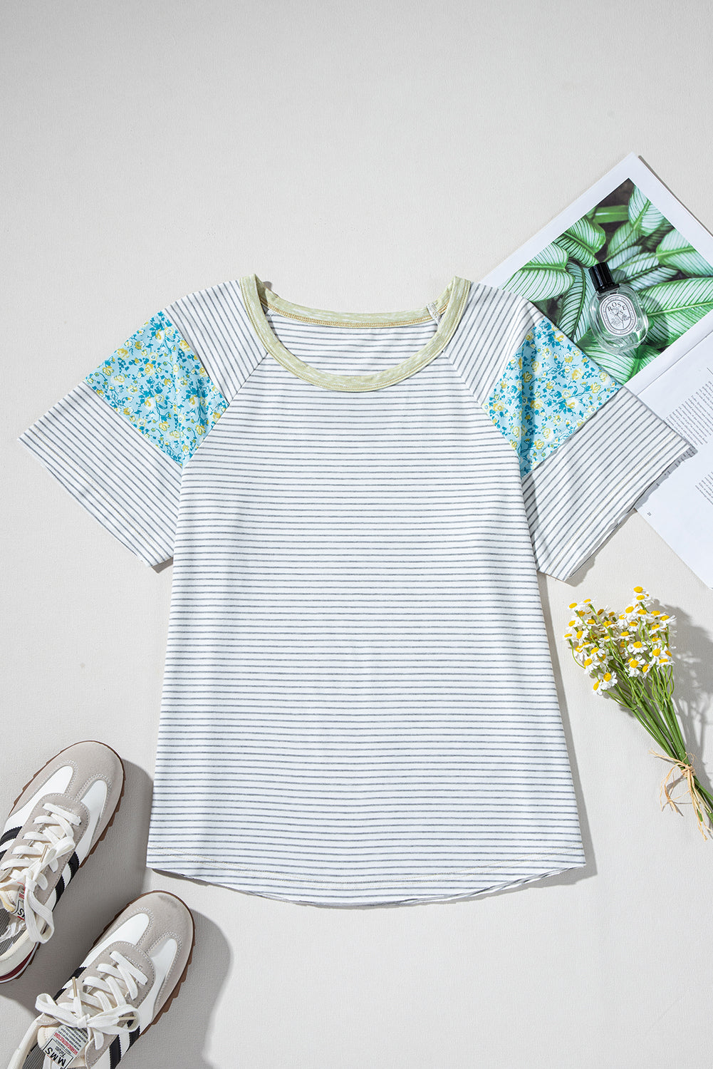 White Striped Floral Patchwork Sleeves Contrast Round Neck T Shirt - The Fair Lady Shop
