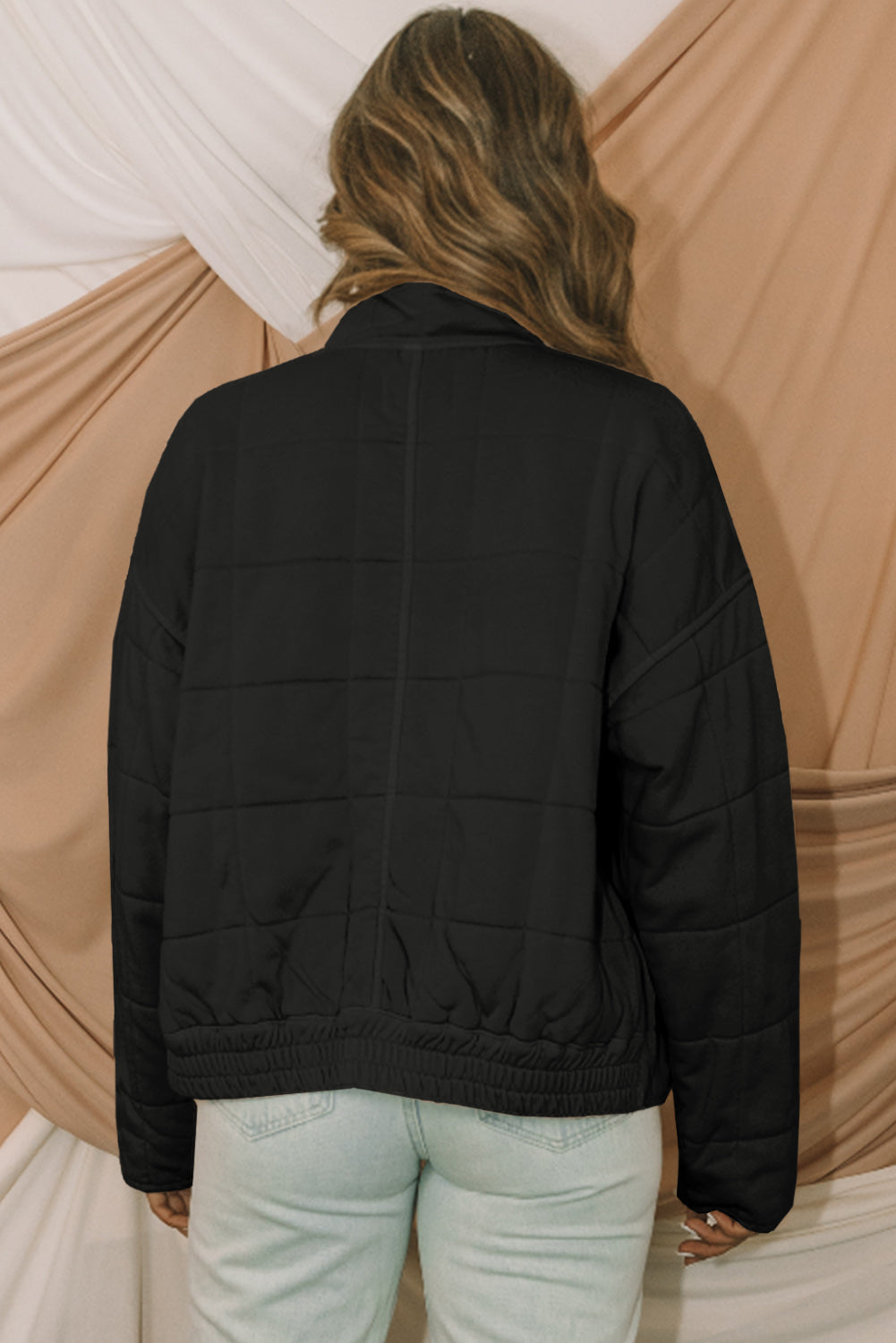 Black Zip-Up Pocket Quilted Cropped Jacket