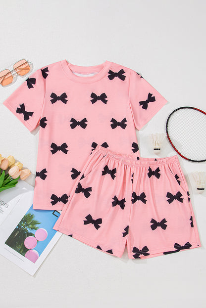 Pink Allover Bow Print Pockets Cropped Pajama Set