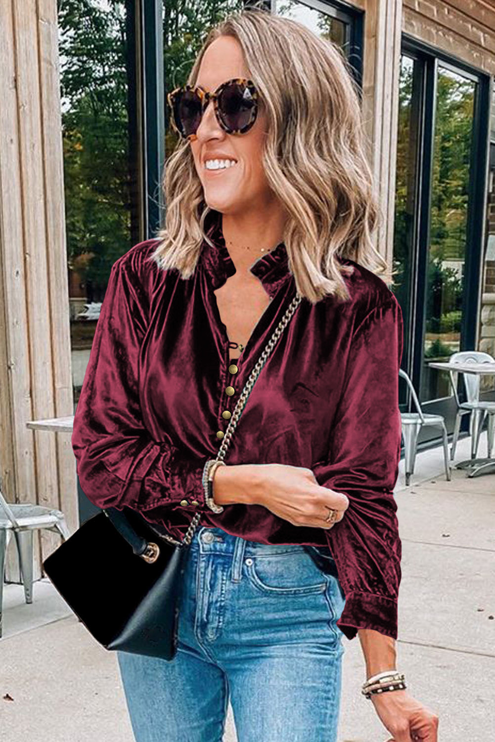 Red Frilled Buttoned V Neck Velvet Blouse - The Fair Lady Shop