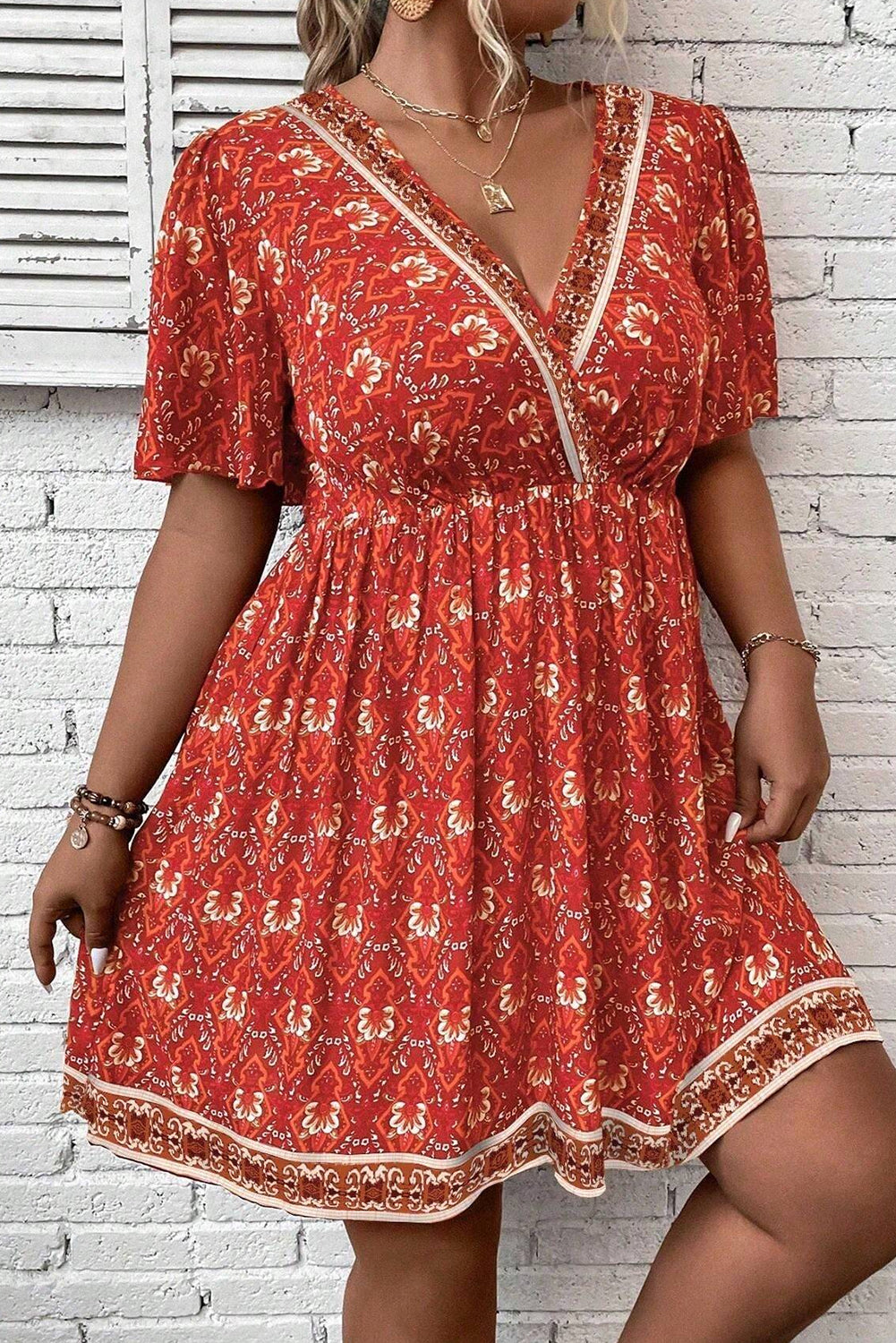 Orange Plus Size Boho Print Surplice Neck Empire Waist Flowy Mini Dress - The Fair Lady Shop