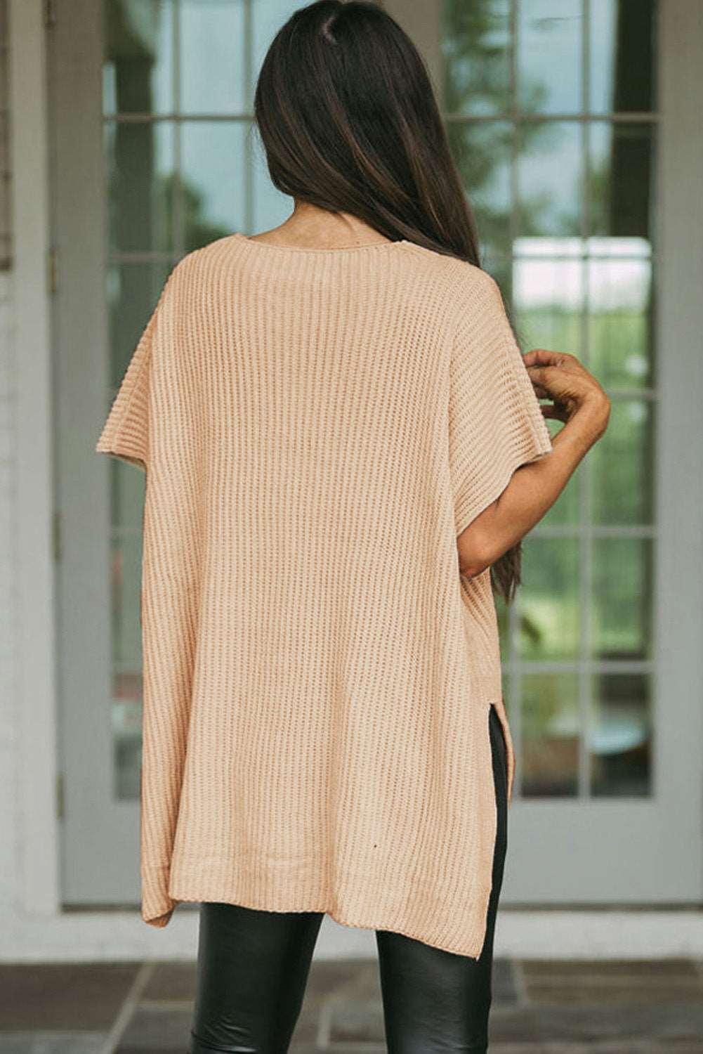 Apricot Side Slit Short Sleeve Oversized Sweater - The Fair Lady Shop