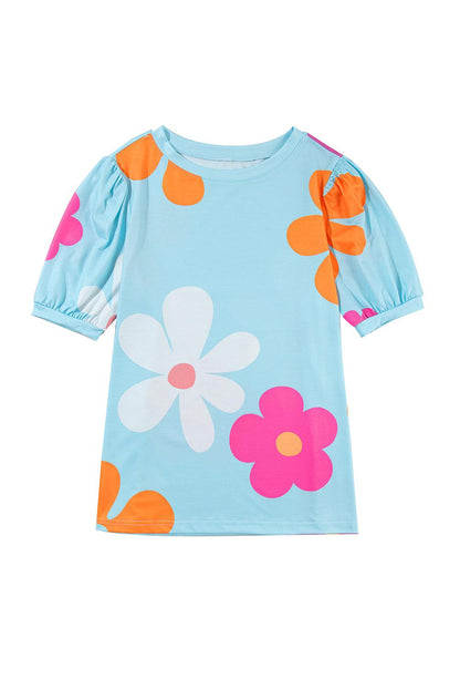 Apricot Colorful Flower Print Bubble Sleeve Tee - The Fair Lady Shop