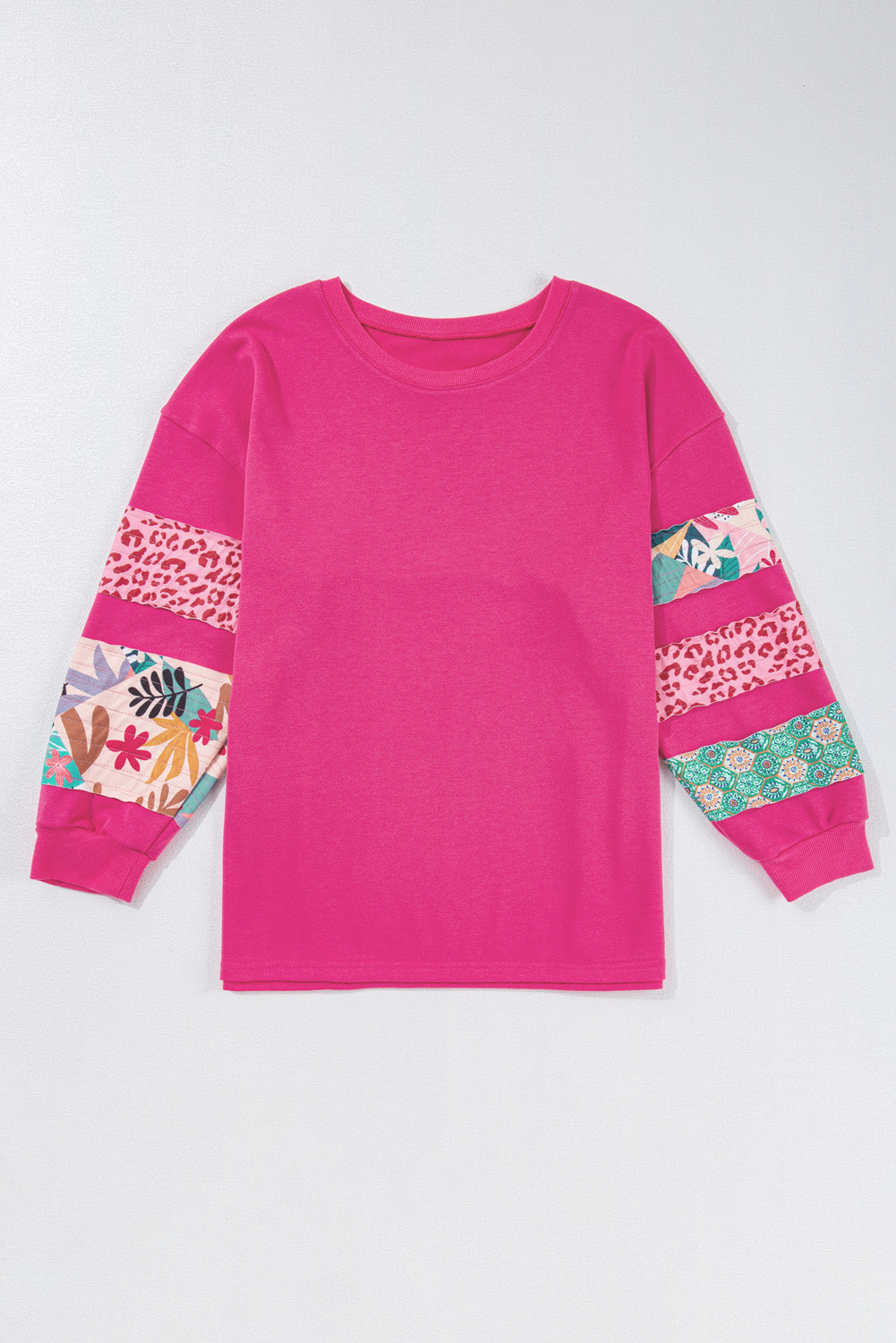 Rose Red Leopard Patchwork Sleeve Split Plus Sweatshirt - The Fair Lady Shop