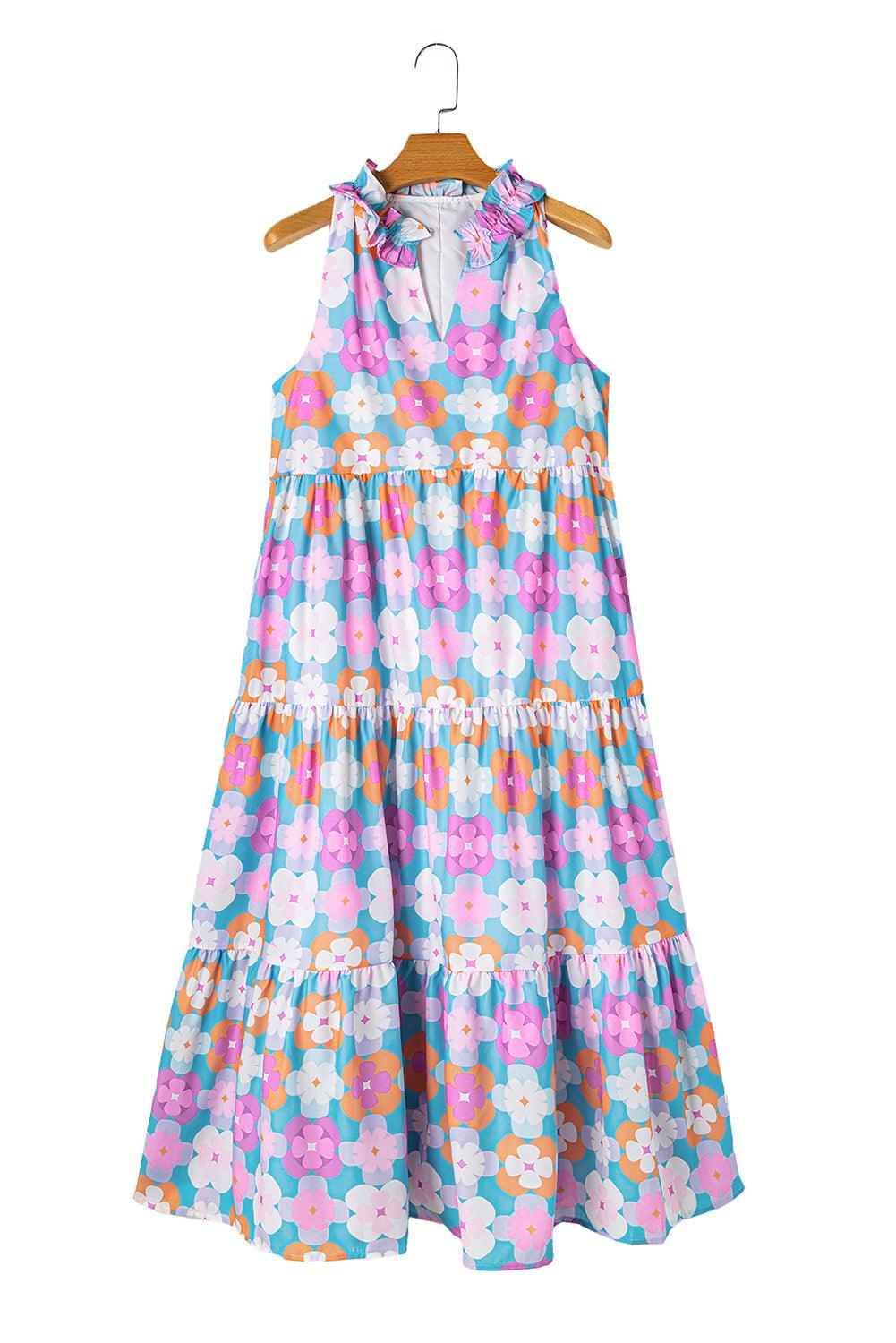 Sky Blue 60s Flower Split Neck Sleeveless Tiered Maxi Dress - The Fair Lady Shop
