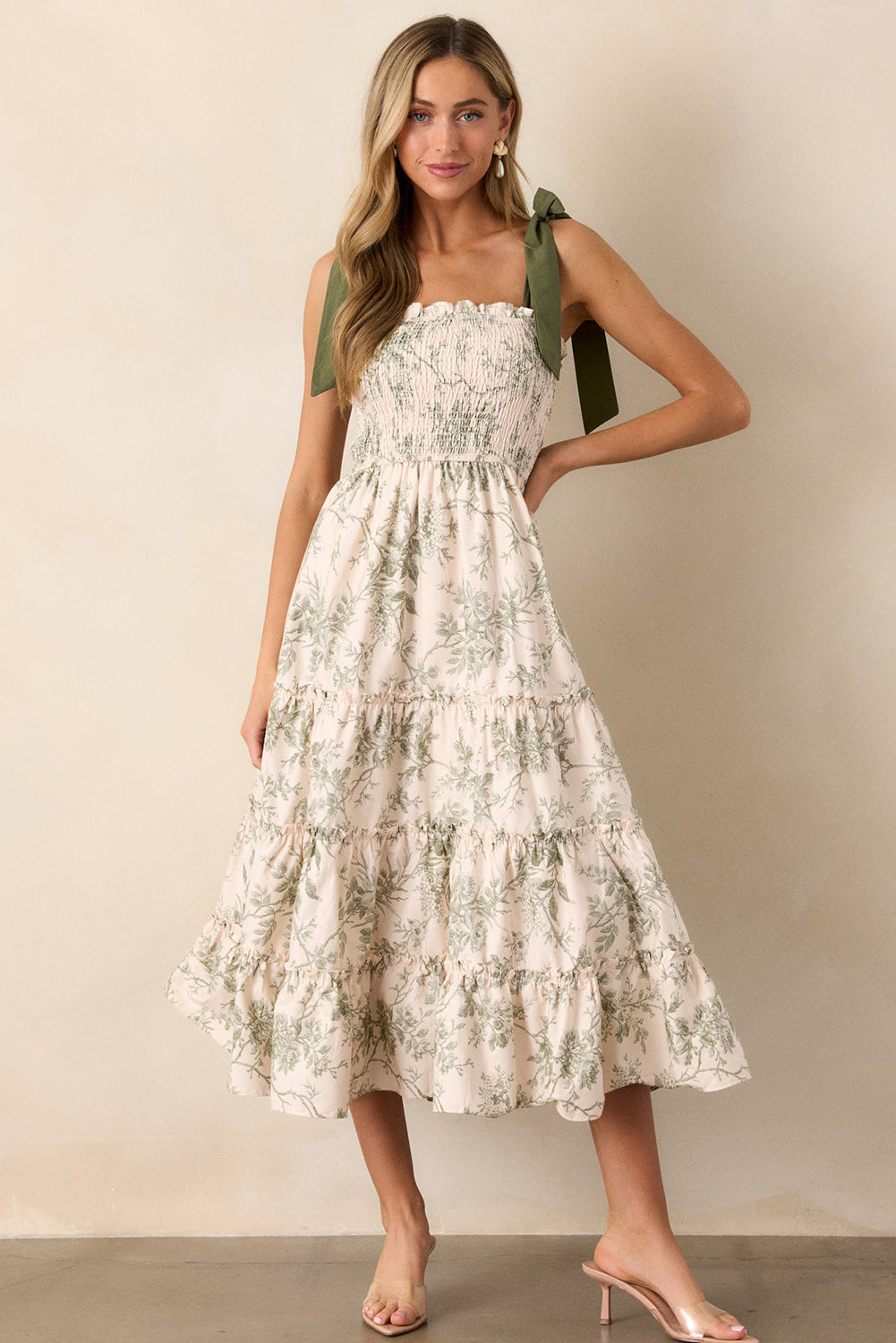 Green Floral Smocked High Waist Tiered Midi Dress - The Fair Lady Shop
