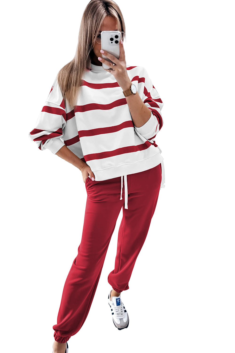 Red Striped Drop Shoulder Pullover and Joggers Set - The Fair Lady Shop