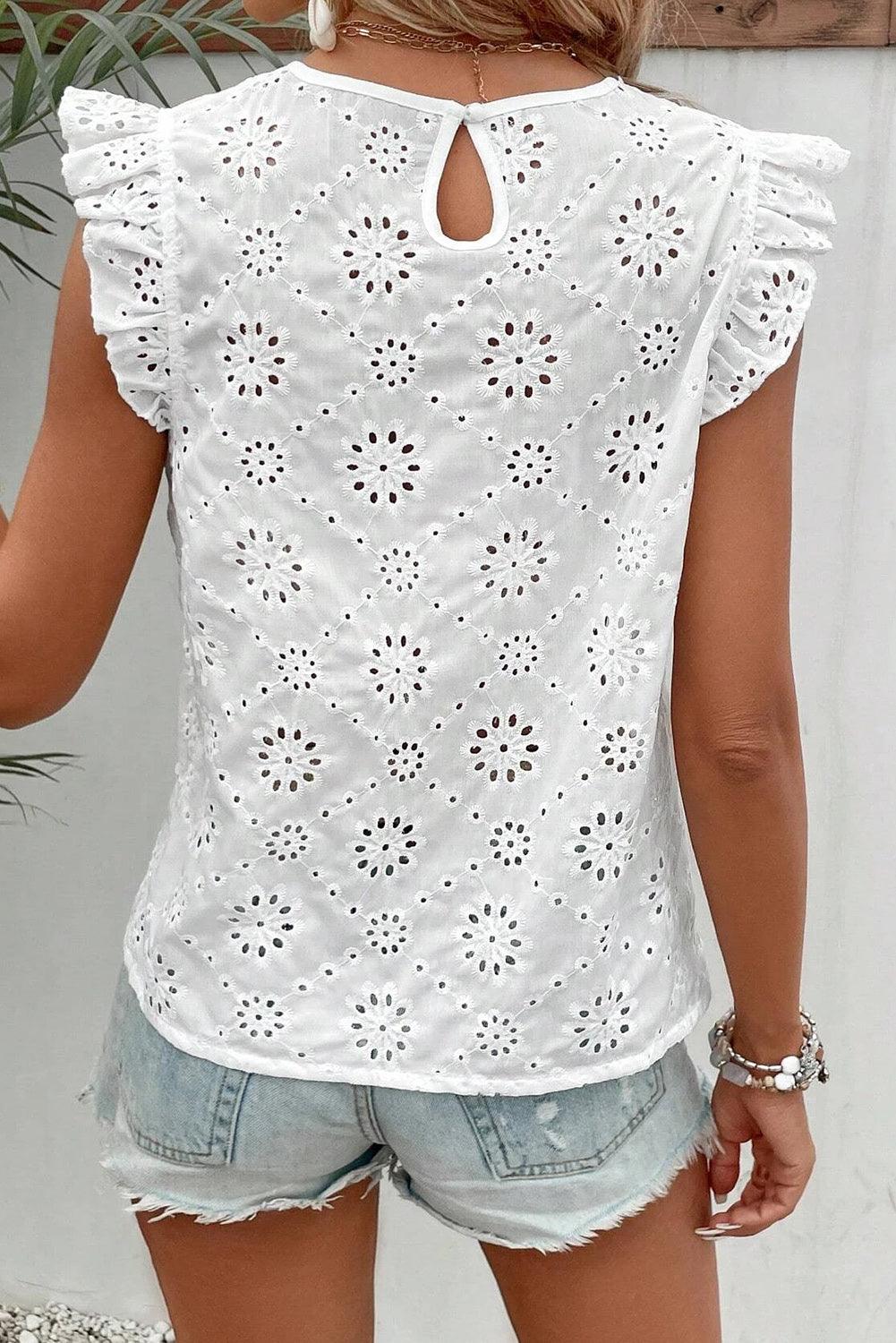 White Eyelet Embroidered Ruffle Shoulder Sleeveless Blouse - The Fair Lady Shop