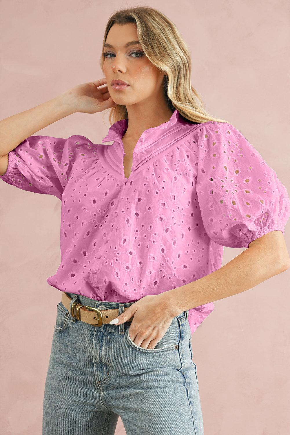 Bonbon Hollow-out Flower Embroidered Short Puff Sleeve Blouse - The Fair Lady Shop