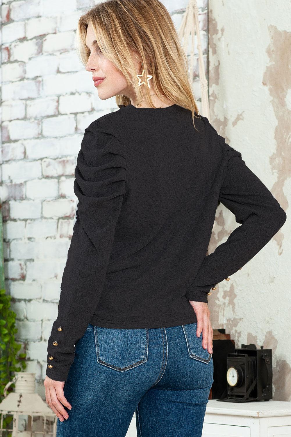 Khaki Plain Buttoned Puff Long Sleeve Sheath Top - The Fair Lady Shop
