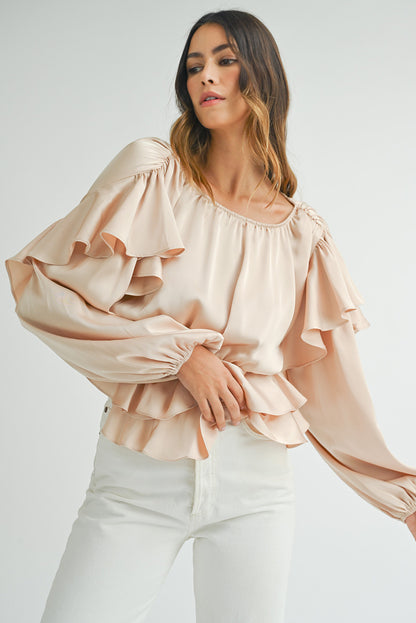 Oatmeal Elegant Satin Ruffle Long Sleeve Blouse - The Fair Lady Shop