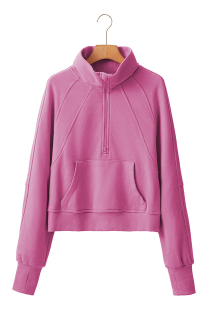 Bonbon Zip Up Stand Collar Ribbed Thumbhole Sleeve Sweatshirt - The Fair Lady Shop