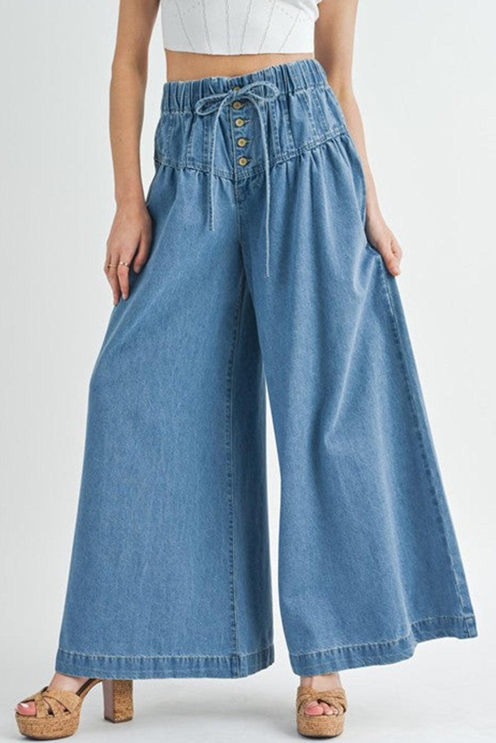 Dusk Blue Mineral Wash Button High Waist Wide Leg Jeans - The Fair Lady Shop
