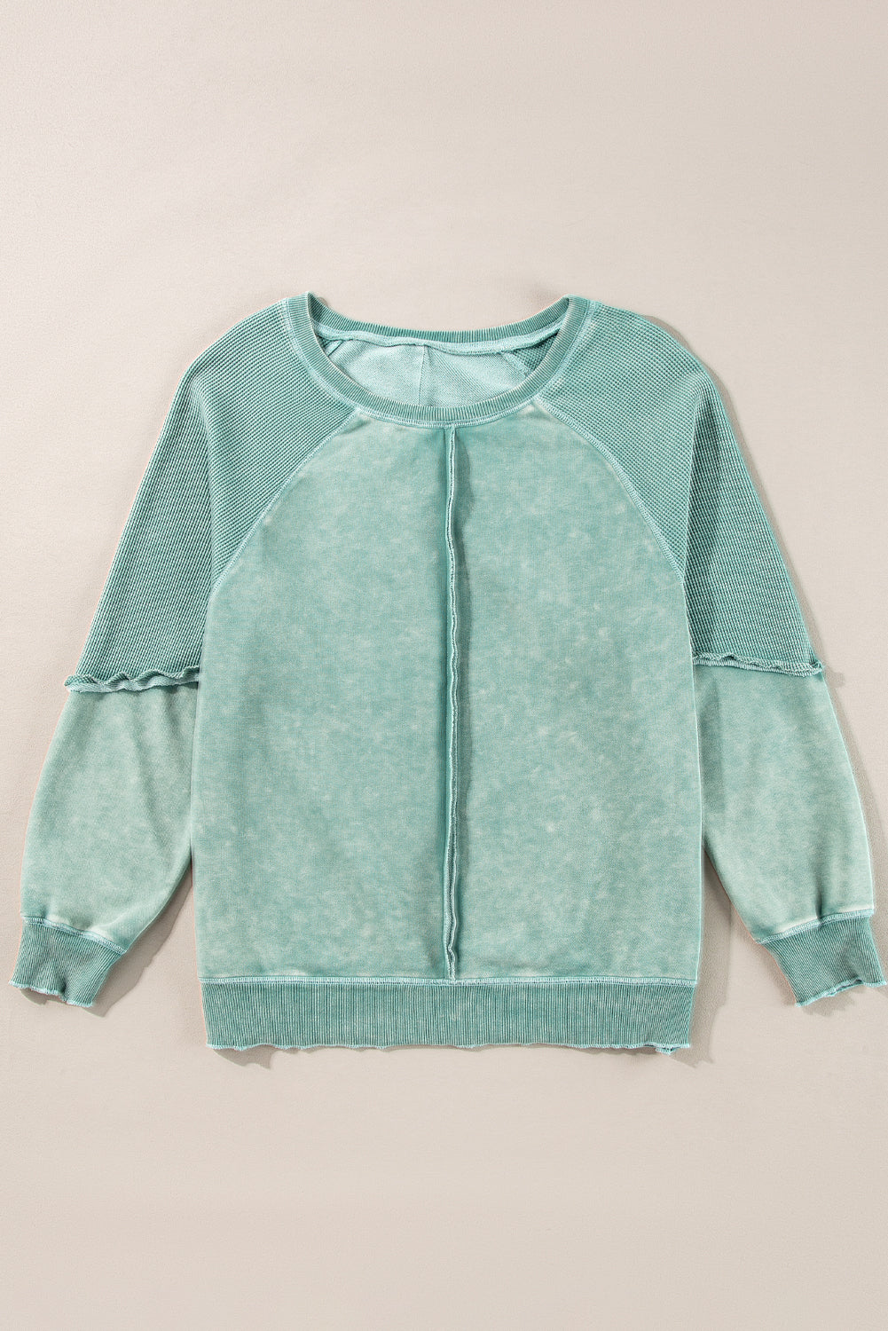 Mineral Blue Waffle Patchwork Raglan Sleeve Exposed Seam Sweatshirt - The Fair Lady Shop