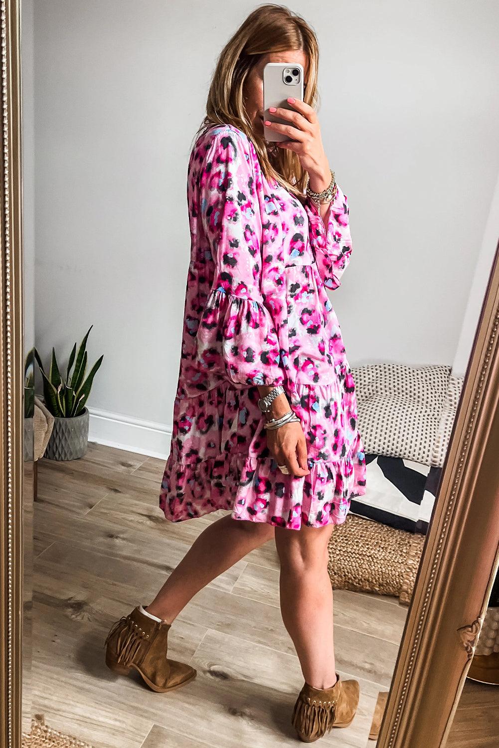 Black Leopard Button V Neck Flowy Mini Dress - The Fair Lady Shop