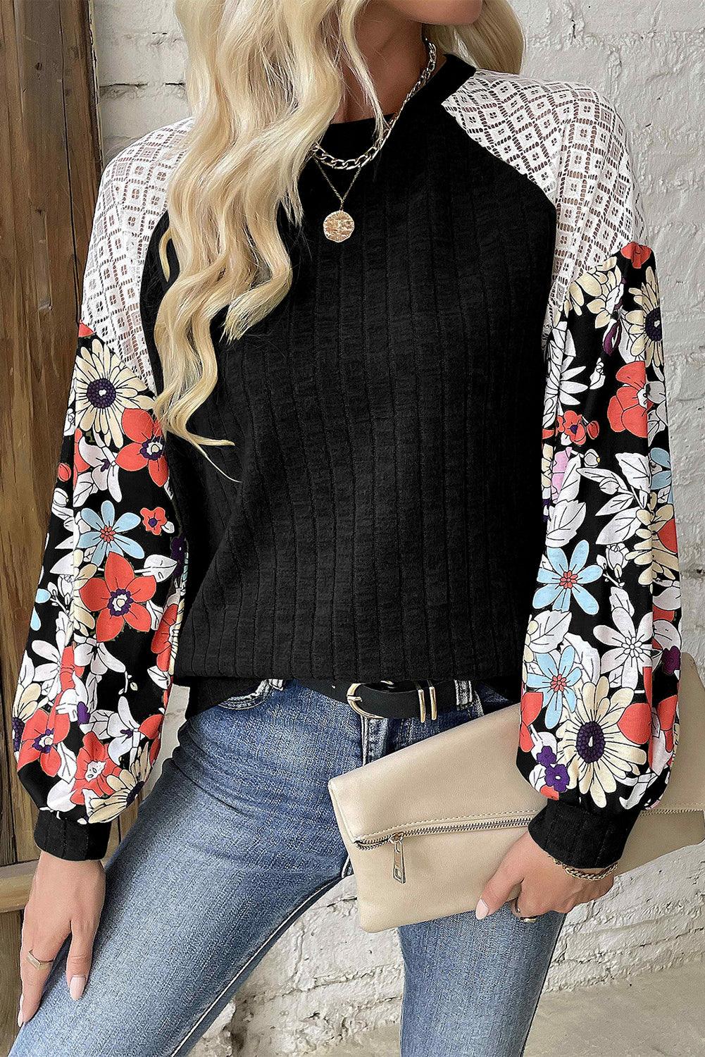 Parchment Floral Patchwork Raglan Sleeve Ribbed Blouse - The Fair Lady Shop