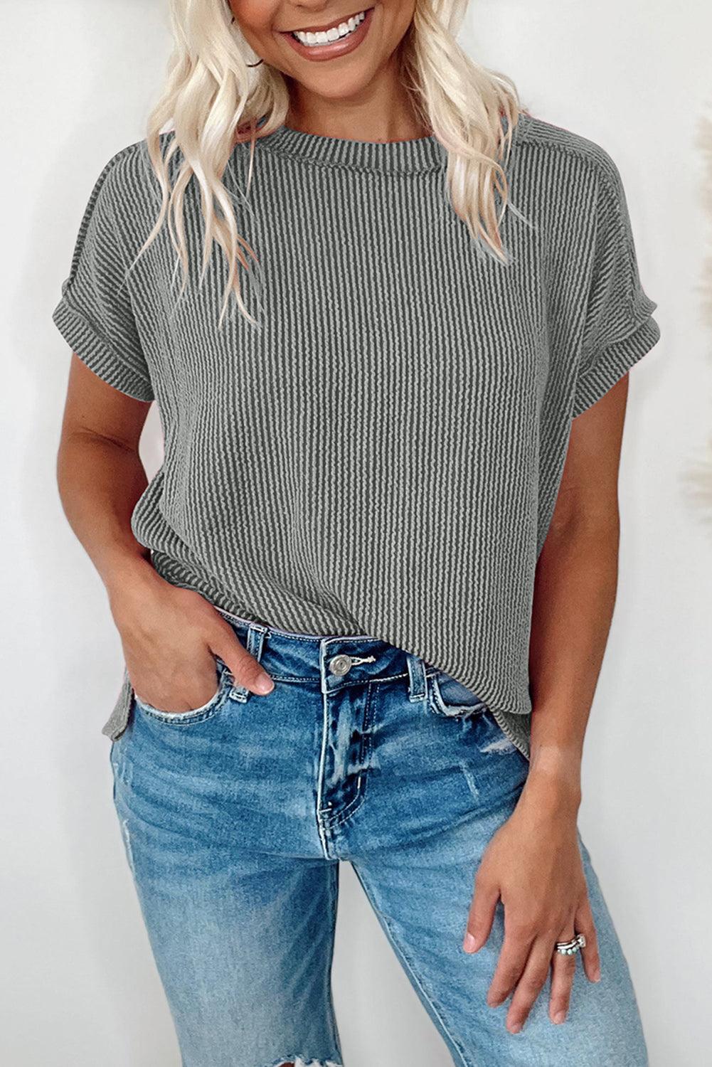 Medium Grey Ribbed Knit Exposed Seam Round Neck T-shirt - The Fair Lady Shop