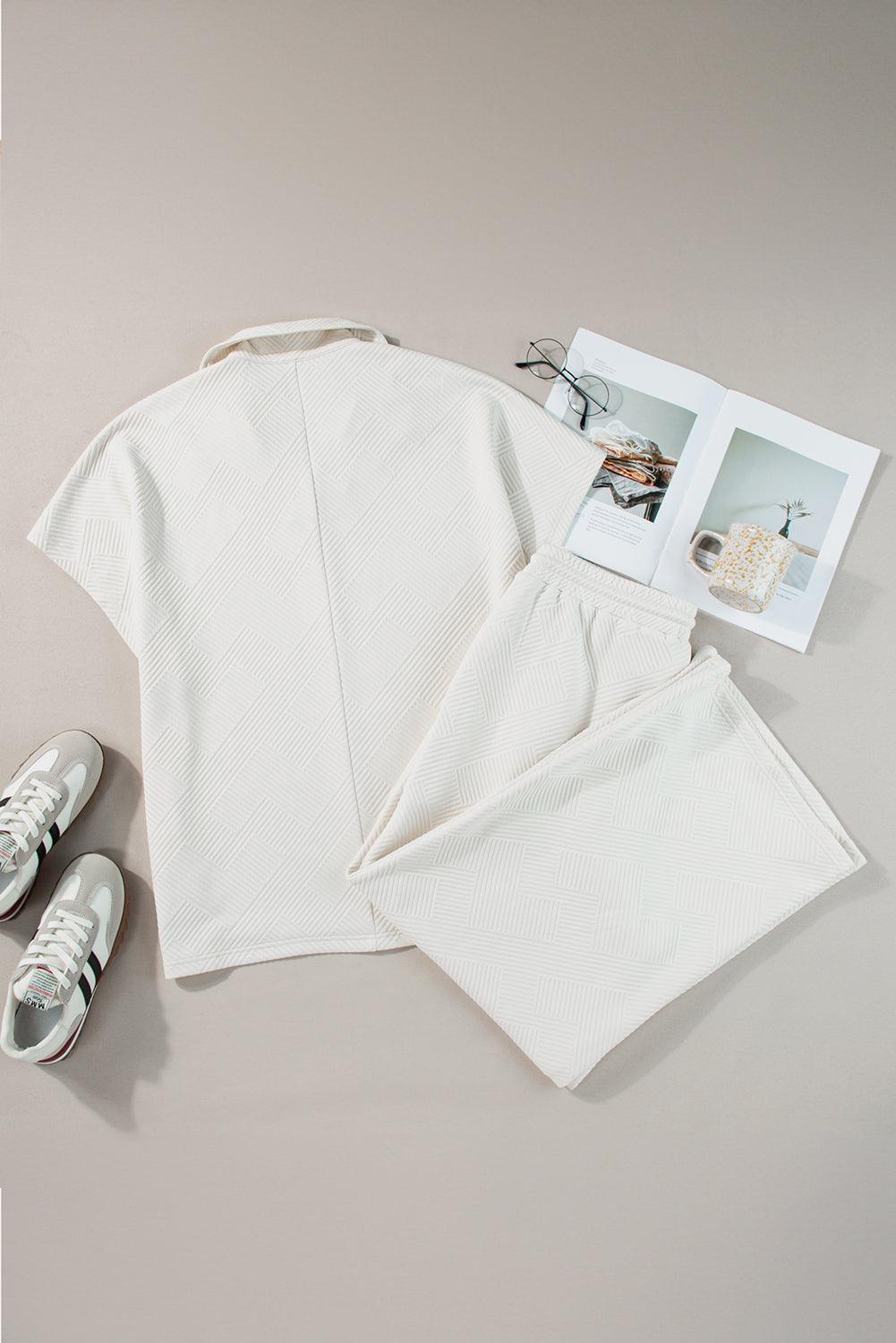 Beige Plus Size Textured Collared Top and Drawstring Pants Set - The Fair Lady Shop