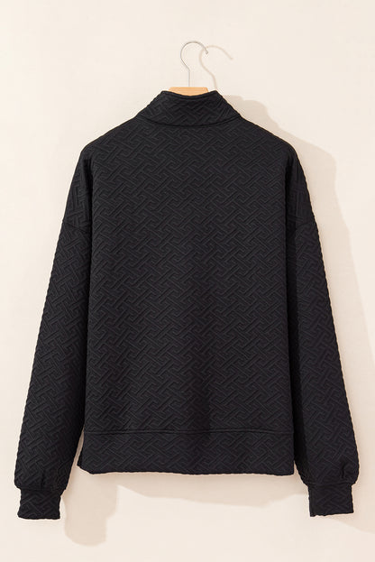 Black Solid Textured Half Zipper Collared Sweatshirt - The Fair Lady Shop