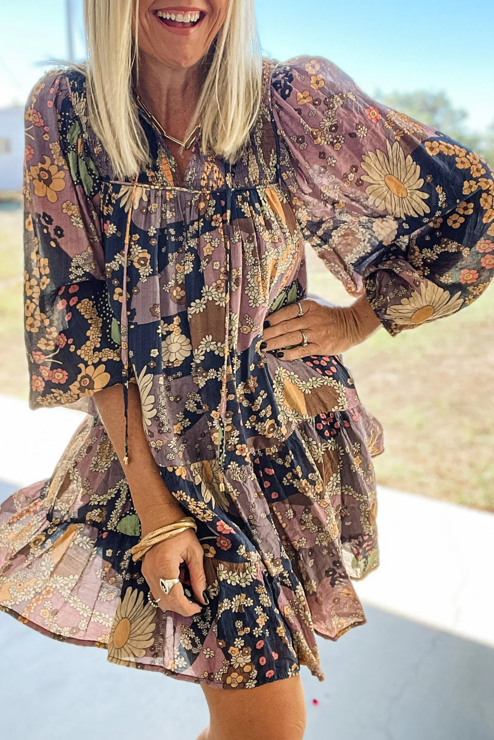 Purple Boho Floral Print Puff Sleeve Flowy Mini Dress - The Fair Lady Shop
