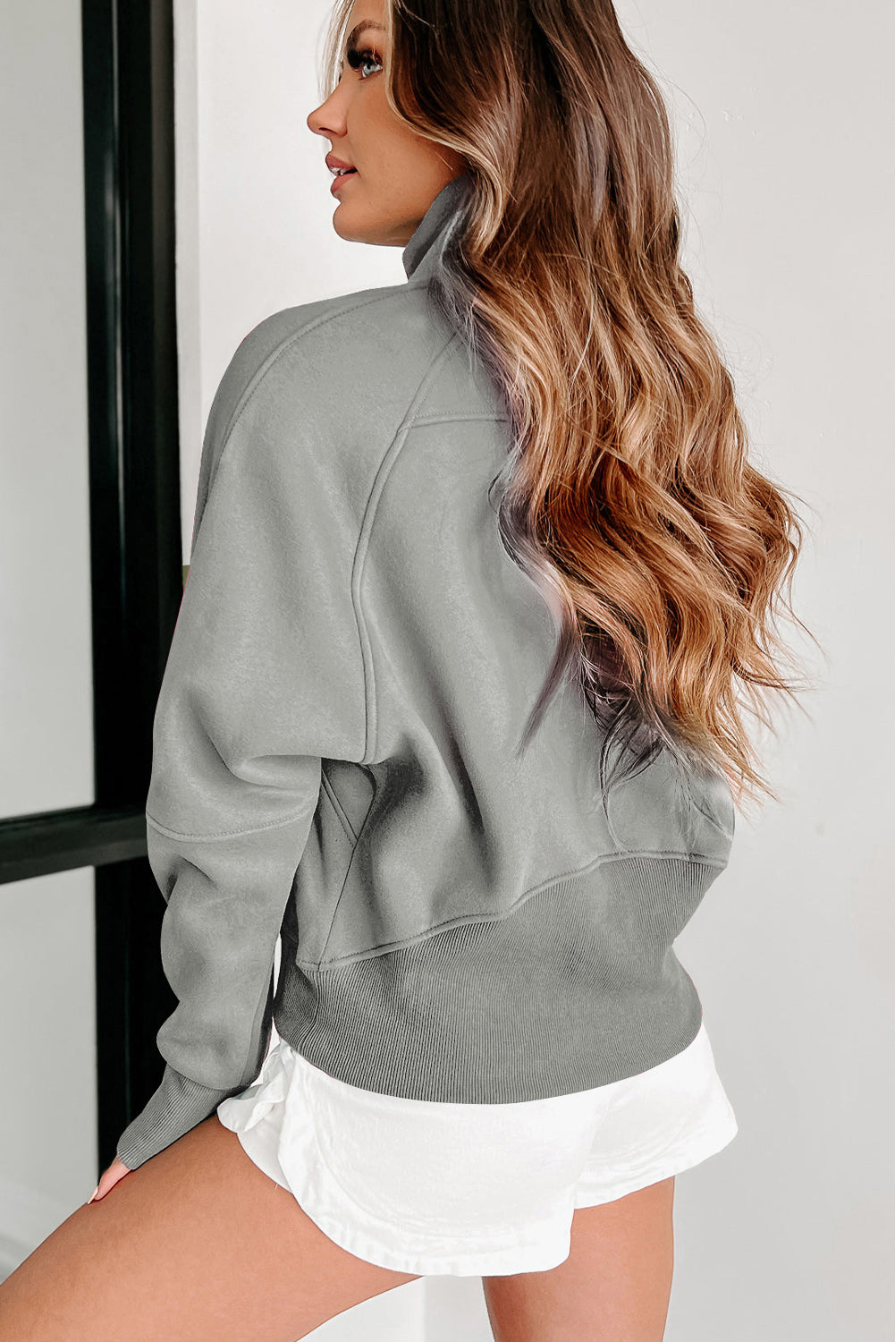 Gray Zip Up Stand Collar Ribbed Thumbhole Sleeve Sweatshirt - The Fair Lady Shop