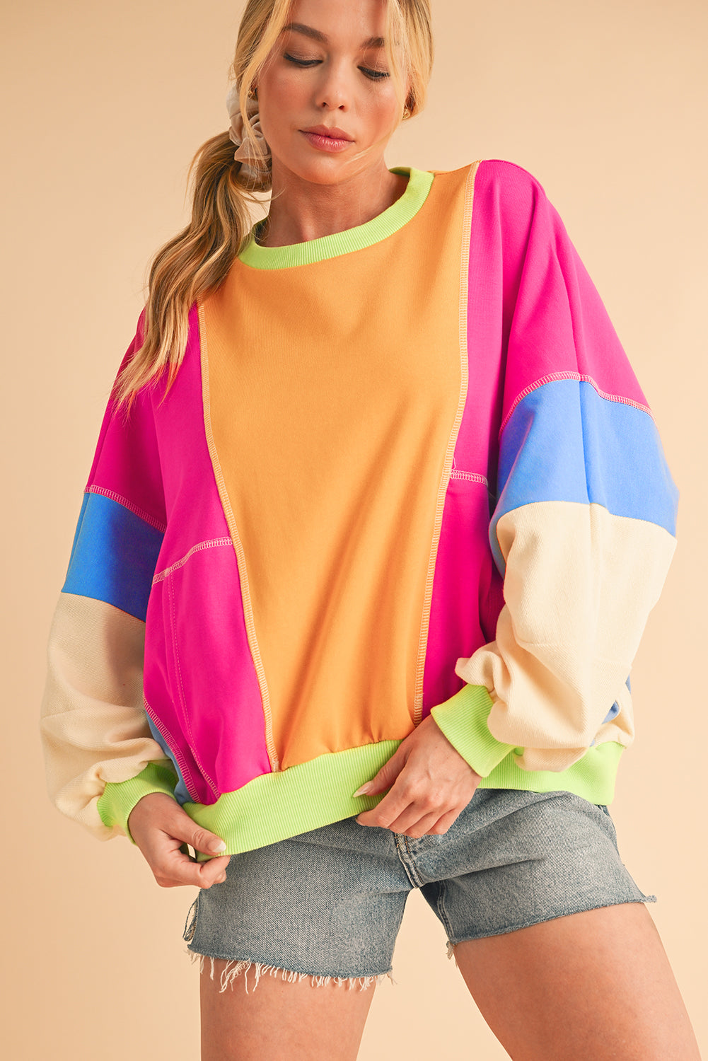 Grapefruit Orange Colorblock Patchwork Drop Shoulder Top - The Fair Lady Shop