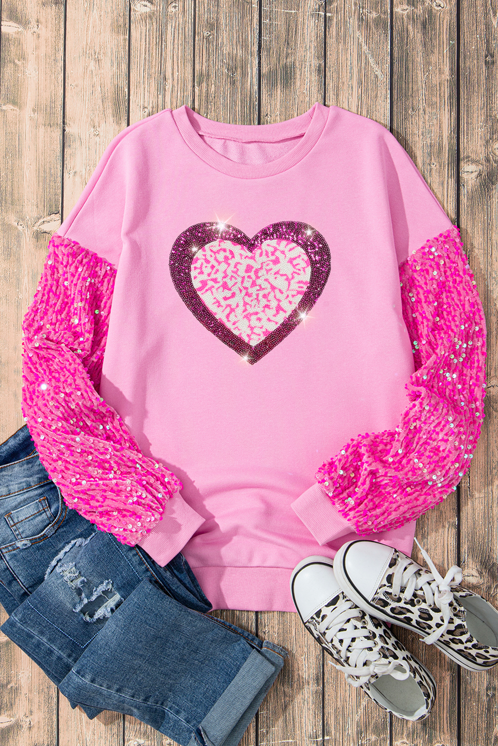 Pink Leopard Heart Graphic Sequin Patchwork Long Sleeve Valentines Top - The Fair Lady Shop