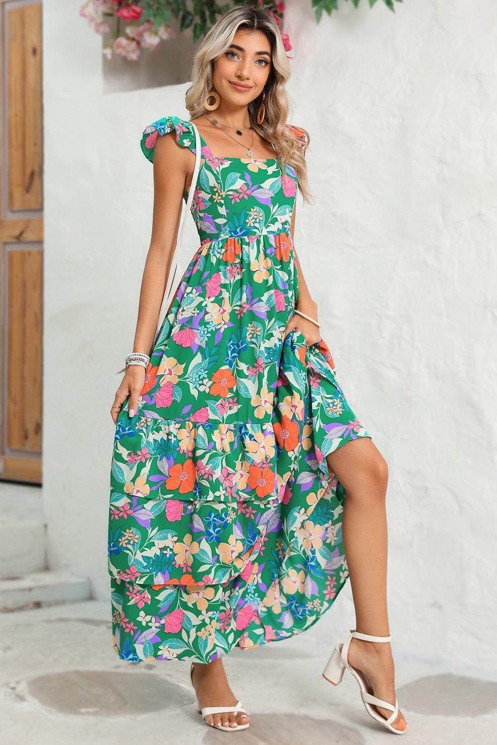Pink Floral Print Sleeveless Ruffle Tiered Maxi Dress - The Fair Lady Shop