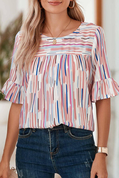 White Abstract Print Ruffle Half Sleeve Blouse - The Fair Lady Shop