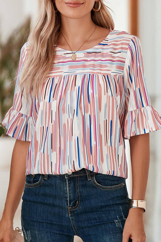 White Abstract Print Ruffle Half Sleeve Blouse - The Fair Lady Shop