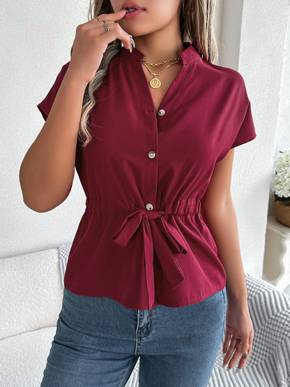 Red Dahlia Solid Color Button Drawstring Blouse