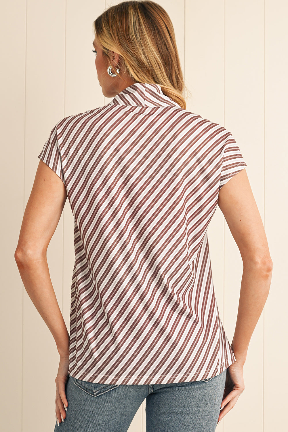 Chestnut Stripe V-Neck Cap Sleeve Blouse - The Fair Lady Shop