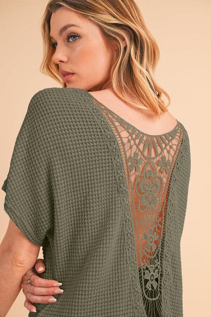 Oatmeal Guipure Lace Splicing Back Waffle Textured T-shirt - The Fair Lady Shop