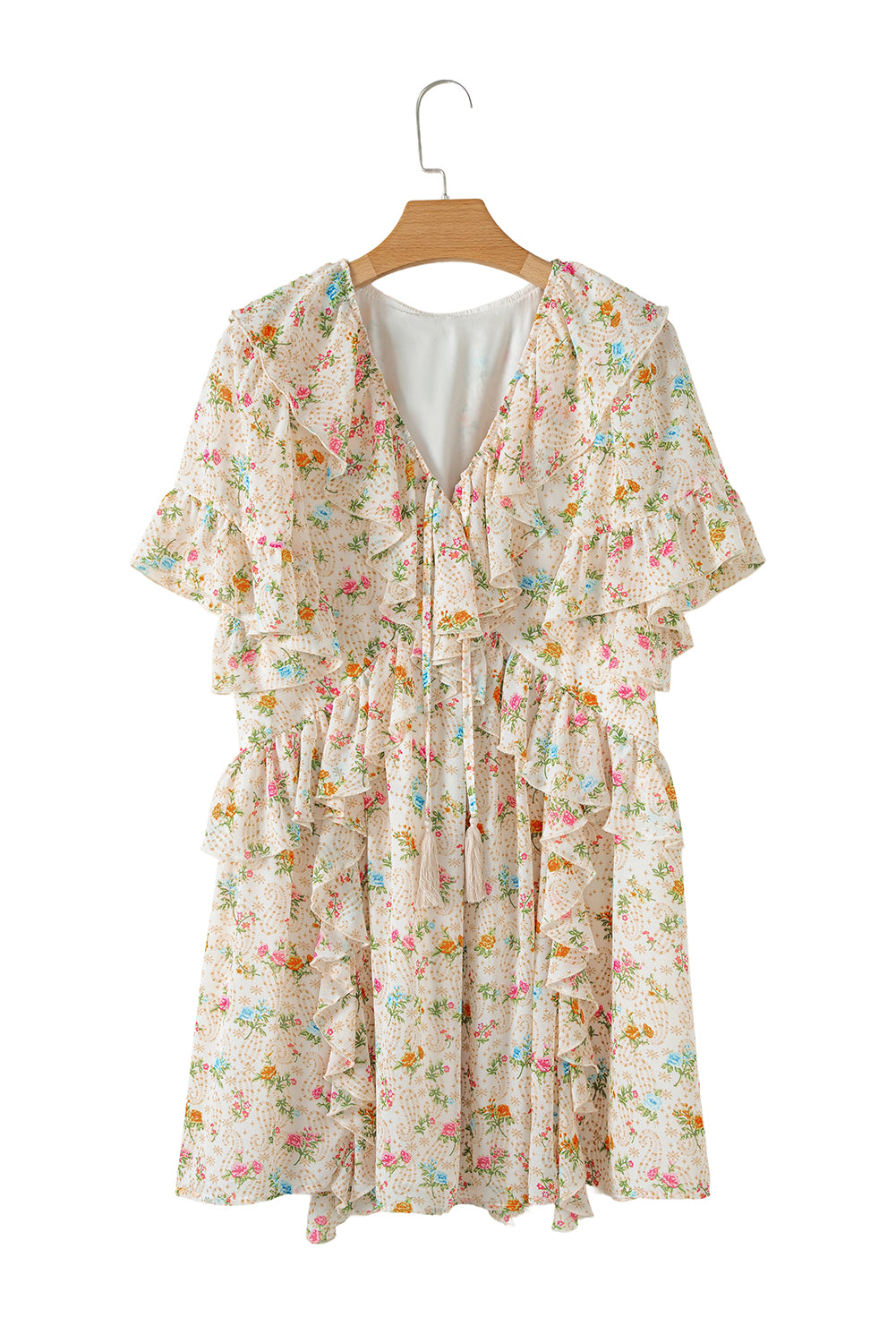 Apricot Boho V Neck Floral Tassel Tie Ruffle Mini Dress - The Fair Lady Shop