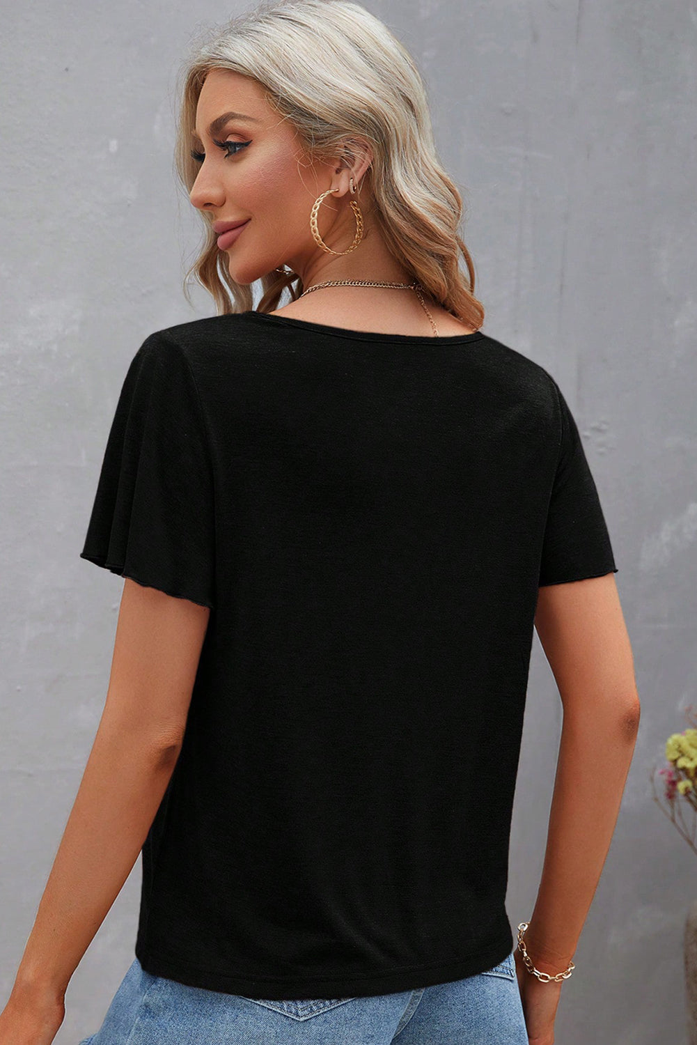 Black Crisscross V Neck Flutter Sleeve T Shirt - The Fair Lady Shop