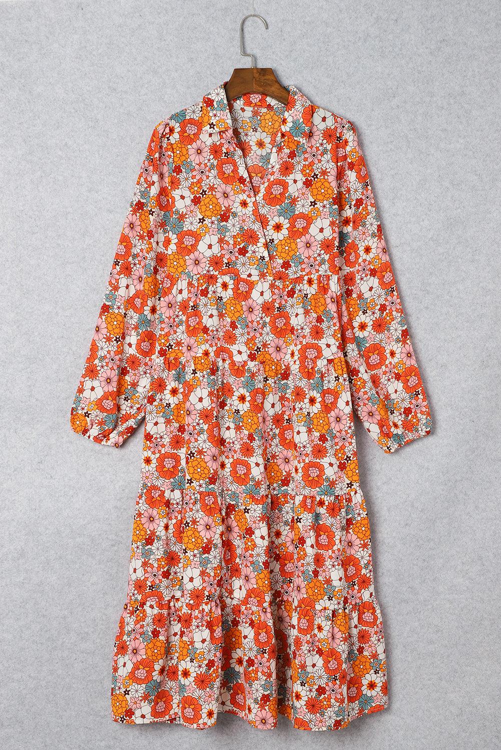 Multicolor Boho Floral Collared Long Sleeve Dress - The Fair Lady Shop