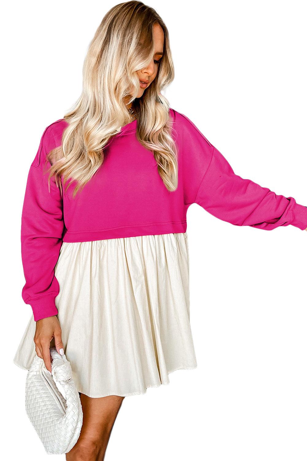Khaki Sweatshirt Colorblock Flowy Pleated Mini Dress - The Fair Lady Shop