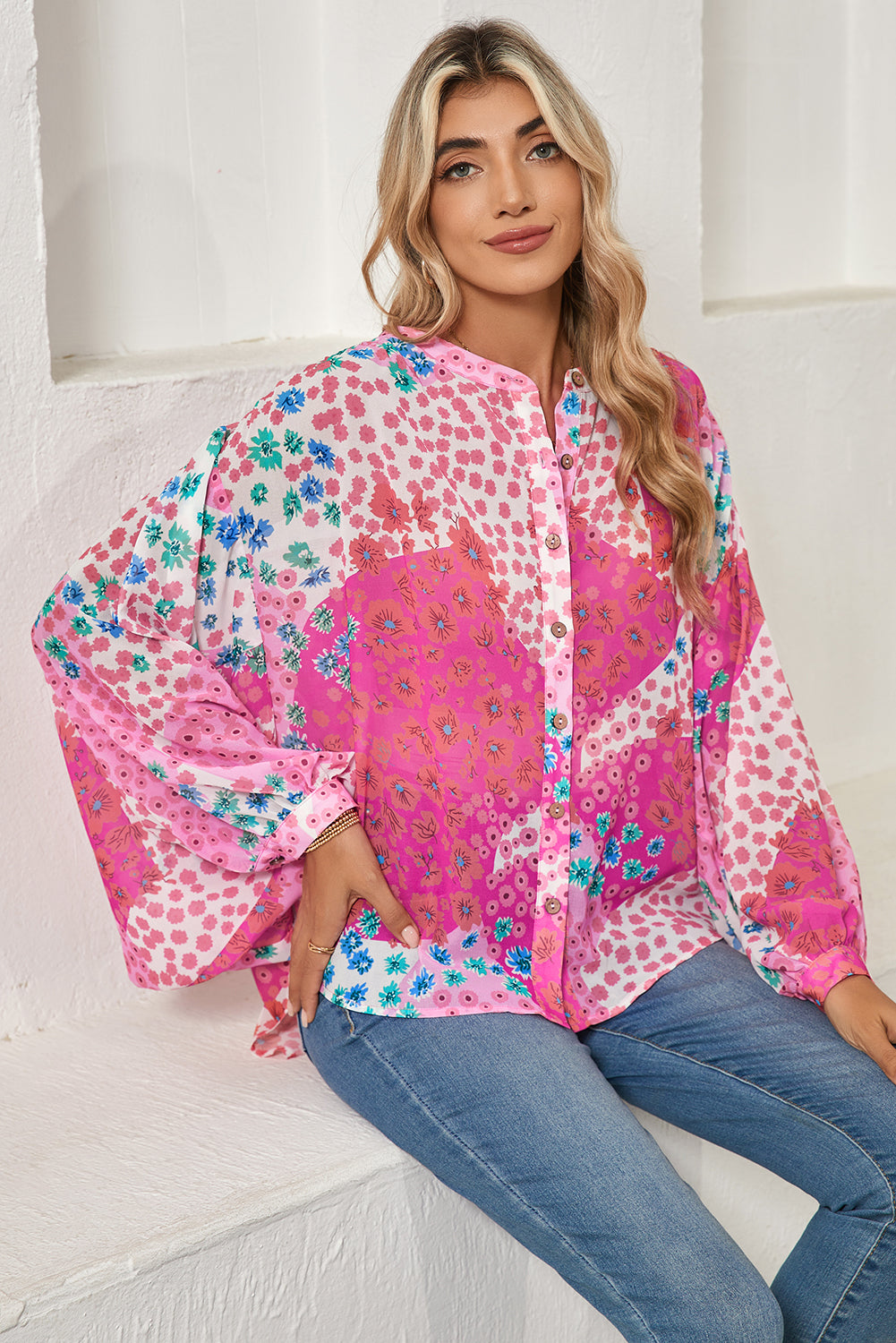 Rose Red Floral Print Dolman Sleeve Blouse - The Fair Lady Shop