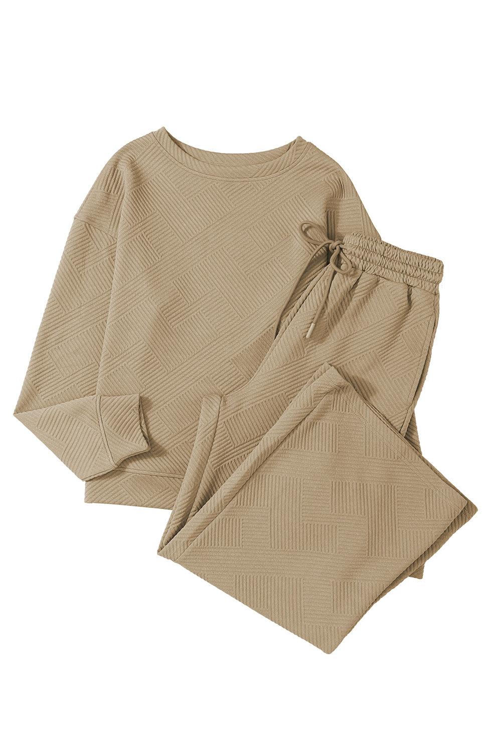 Dark Brown Textured Loose Slouchy Long Sleeve Top and Pants Set - The Fair Lady Shop