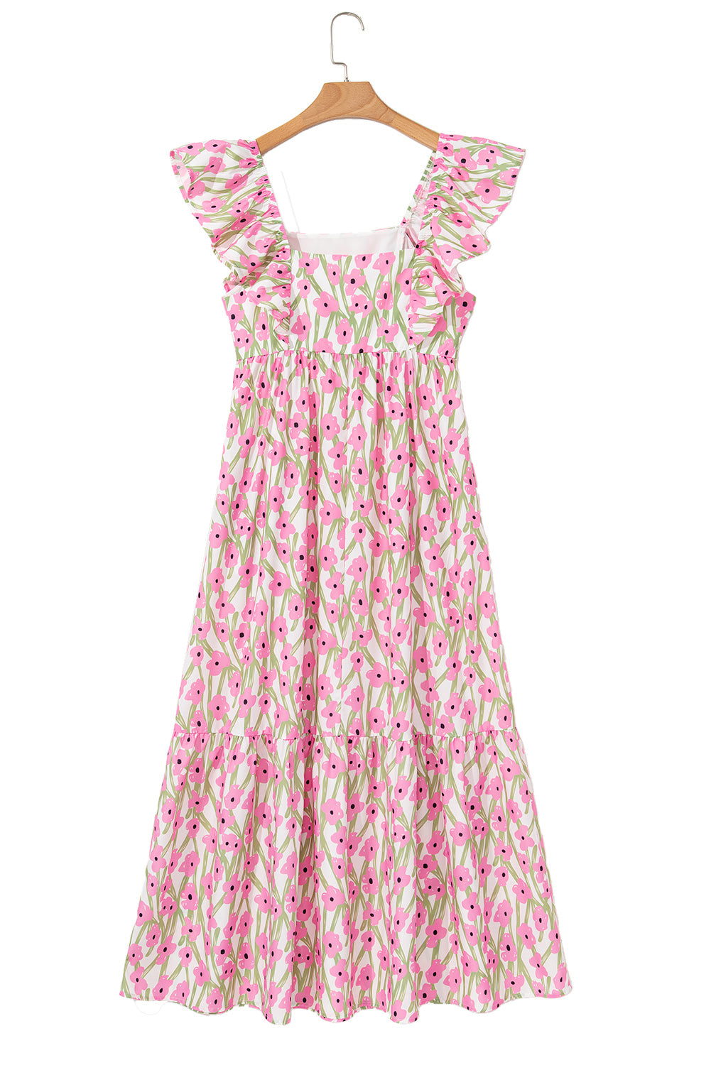 Pink Floral Print Square Neck Ruffled Strap Maxi Dress - The Fair Lady Shop