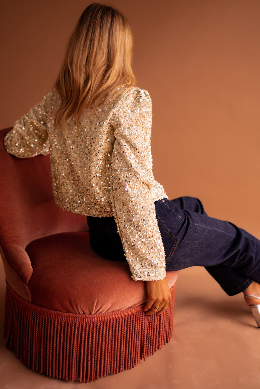 Golden Fleece Sequin Open Front Collarless Jacket - The Fair Lady Shop