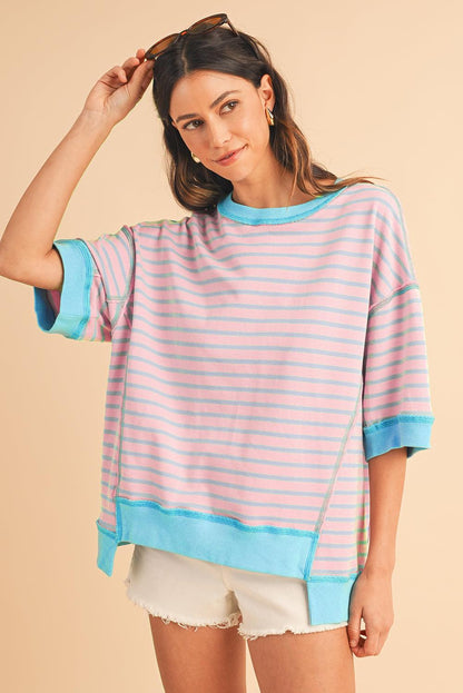 Pink Stripe Colorblock Drop Sleeve Oversized T Shirt - The Fair Lady Shop