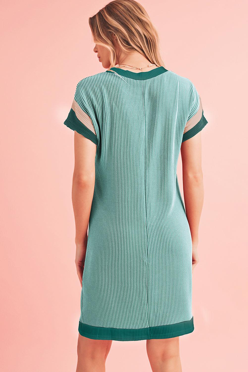 Light French Beige Rib Textured Colorblock Pocket T Shirt Dress - The Fair Lady Shop