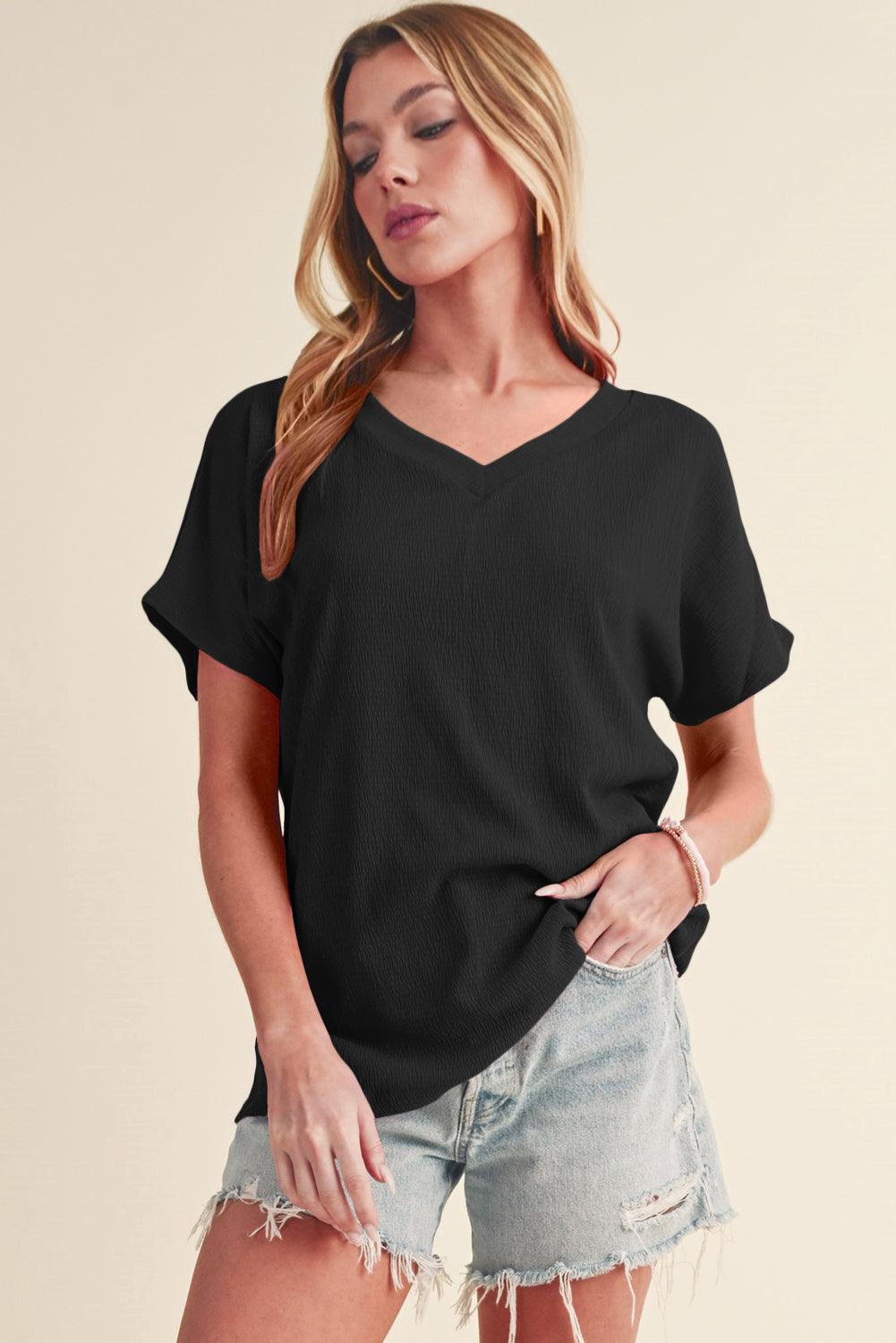Blue Plain Crinkled V Neck Flounce Sleeve T Shirt - The Fair Lady Shop